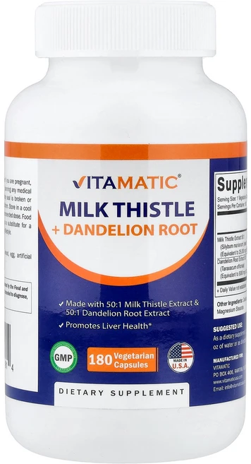 Vitamatic Milk Thistle + Dandelion Root 180 Vegetarian Capsules, Vitamatic Milk Thistle + Dande, 1개, 180정 - 쿠팡