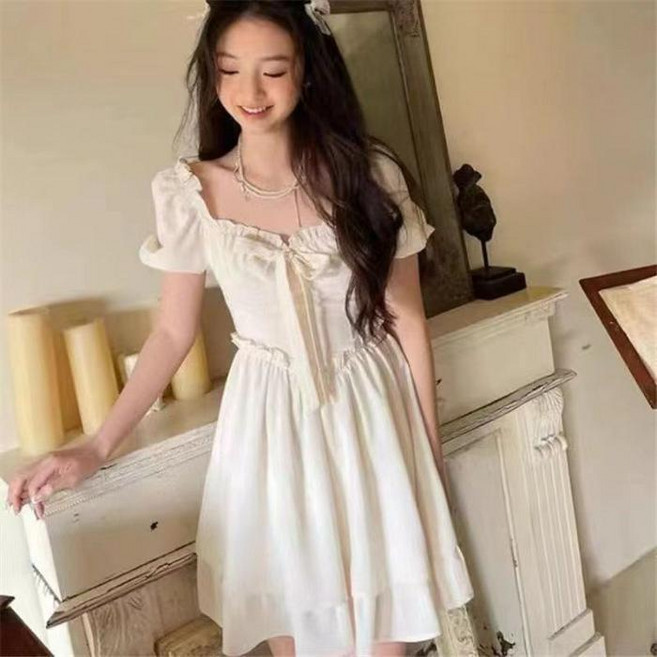 純欲方領泡泡袖收腰顯瘦連衣裙 甜美純色短裙女, 白色,M