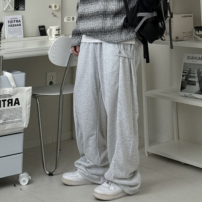 르위 사이드 스냅 버튼 와이드 트레이닝팬츠 스트링 조거바지