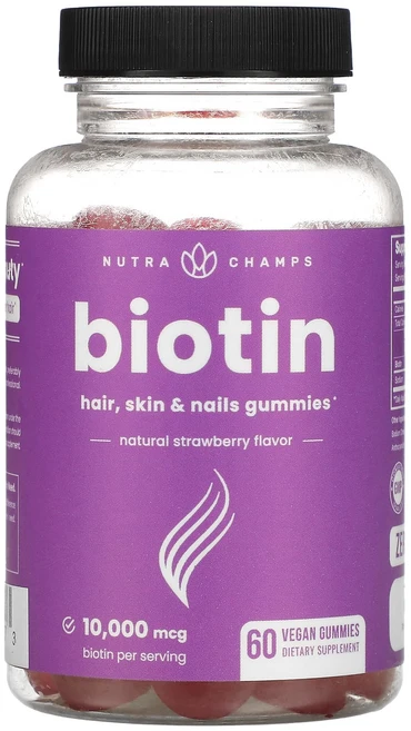 NutraChamps 비오틴 구미젤리 천연 딸기 맛 10000mcg 비건 구미젤리 60개(구미젤리 1개당 5000mcg), NutraChamps비오틴구미젤리천연딸기맛10000mc, 1개, 60정 - 쿠팡