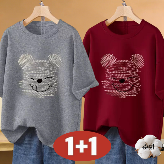 100kg까지 빅사이즈 여성 여름1+1 초특가 순면 라운드넥 캐릭터 프린트 반팔 티셔츠 부드러운 홈웨어 반팔티 데일리룩