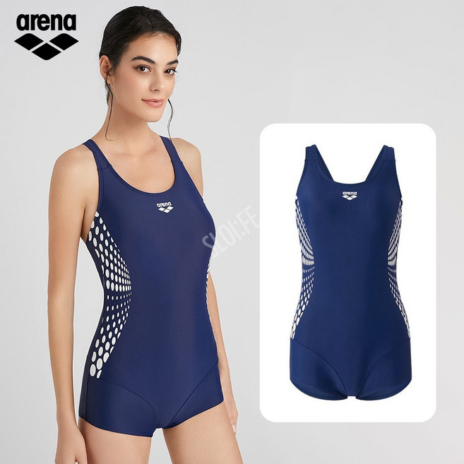 아레나 여자수영복 3부 네이비 강습용 수영장 아쿠아로빅 사각 민소매 여성 실내수영복
