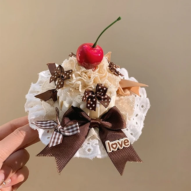 로리타 레이스 체리 케이크 헤어 클립 귀여운 어린이 머리핀 머리 장식 머리띠 헤어 액세서리 Kawaii 여성