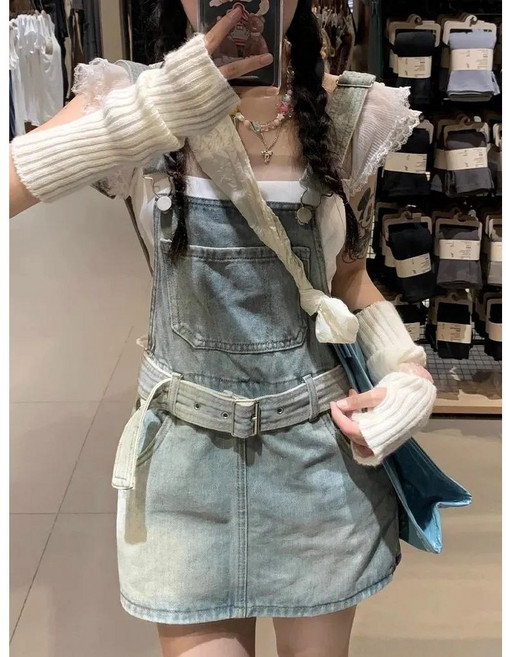 COSYEVNO 여성용 봄 여름 데님 벨트 멜빵 미니스커트 캐주얼 원피스 Tzkbdq-2