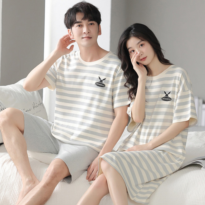 ANYOU 여름 반팔 편안한 커플잠옷 원피스 잠옷 파자마 잠자는 치마