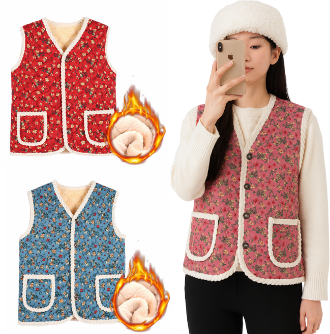 1+1 스티아즈 촌캉스 꽃무늬 할매 커플조끼 김장 남성 빅사이즈 수면 할미 룩 기모 융털 단체복 베스트