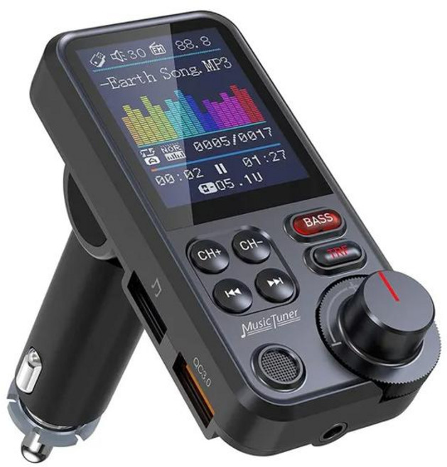 차량용 자동차 핸즈프리 AUX 리시버 송신기 무선 블루투스 FM Aux QC3.0 충전 지원 고음 및 저음 음악 플레이어 1.8 인치 01 Black 1개