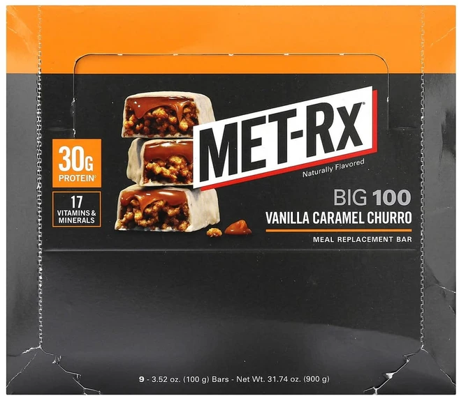 MET-Rx 빅 100 식사 대체용 바 바닐라 카라멜 츄로 9개입 각 100g(3.52oz) 1팩, 900g, 1개 - 쿠팡