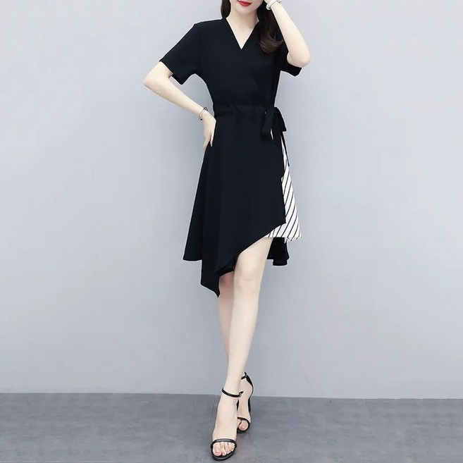 大碼不規則連衣裙女裝 夏季新款胖mm收腰顯瘦中長款裙子 氣質小洋裝, 黑色,3XL 建議67.5kg-75kg