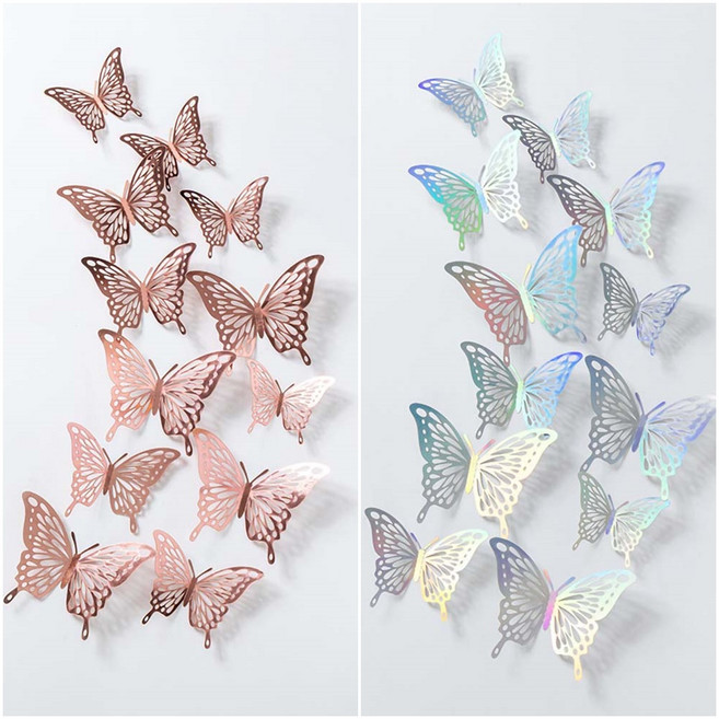 미즈코스 1+1 메탈 입체 나비 포인트 스티커 3d 벽지 데코 아이방 벽장식, 로즈골드+오로라
