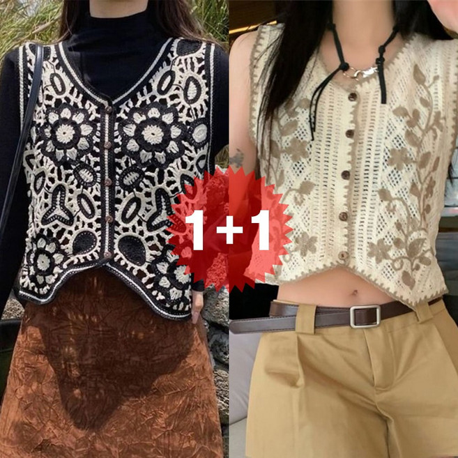 지디오 여성 니트 플라워 펀칭 조끼 2개 세트 크롭 베스트 뜨개 민소매 슬리브리스 봄 여름 가을 아우터