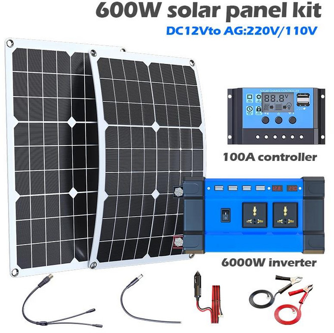 6000W 벤더블 태양광 시스템 오프그리드 파워 번들: MPPT 컨트롤러 및 하이브리드 인버터 포함 (캐빈/밴용, 02 2PC 220V Kit