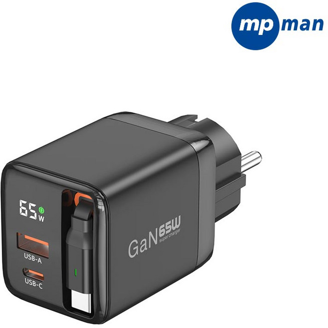 엠피맨 65W GaN 디스플레이 2포트 접지 고속 충전기, 릴케이블 일체형 (블랙), 1개