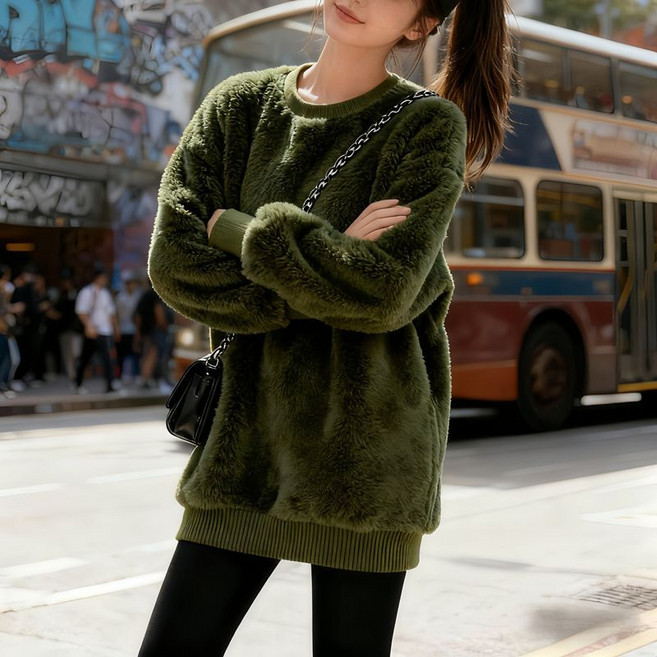 FANSYLI 여성 빅사이즈 뽀글이 양털 맨투맨 가을 겨울 라운드 기모 긴팔티 패션 루즈핏 미디 캐시미어 맨투맨 W2511N10