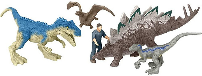 Mattel 쥬라기 월드 도미니언 카르노타우루스 클래시 팩 미니 장난감 5개 인간 피규어 1개 및 공룡 4개 포함 트럭 테마 패키지, 카오틱 카고