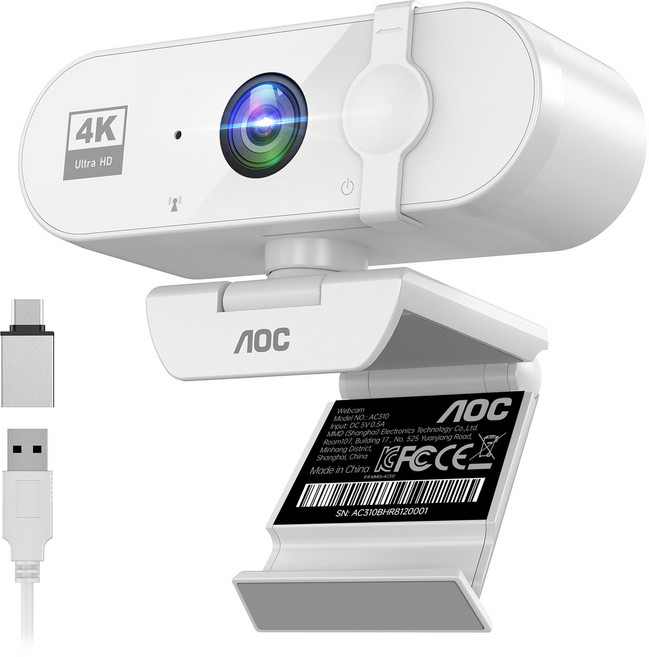 AOC 4K UHD 웹캠 노이즈캔슬링 마이크 내장 PC 화상회의 방송용, 화이트, AC310