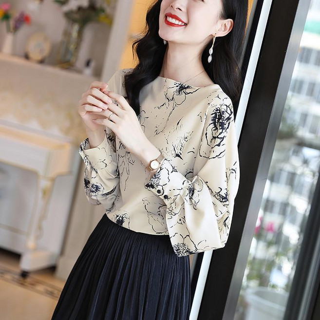 Makone 여성 빅플라워 프린트 쉬폰 블라우스 라운드넥 벌룬소매 프렌치 풀오버