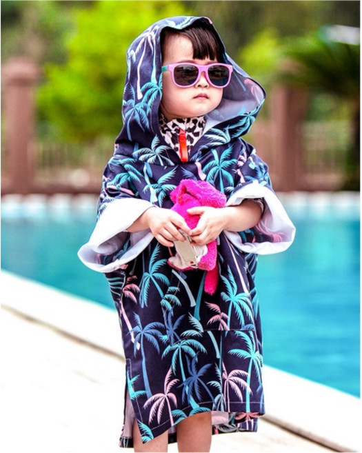 兒童連帽速乾材質浴巾衣-水精靈-718137, 椰樹,L (適合 120 – 140cm)