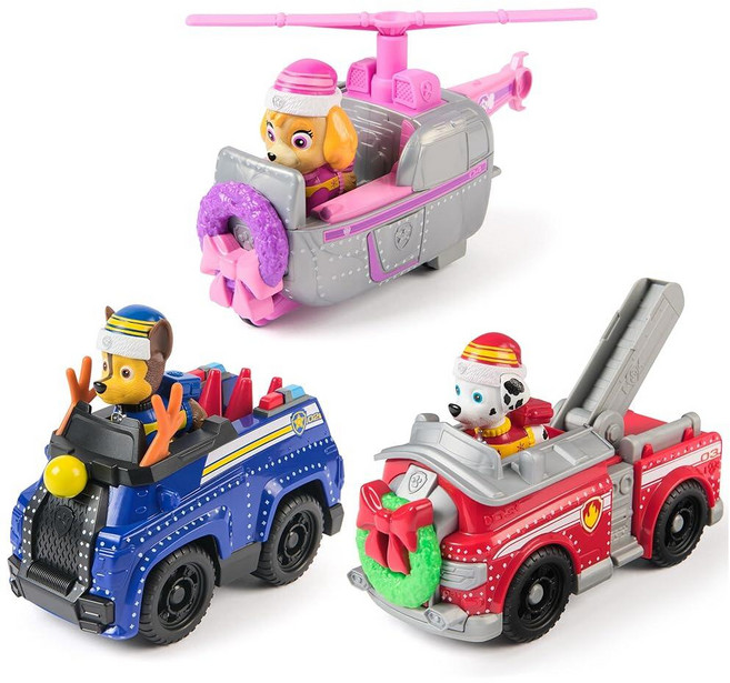 Paw Patrol 홀리데이 차량 번들 홀리데이 테마 체이스 마샬 & 스카이 액션 피규어 및 구조 차량 만 3세 이상 남아 및 여아용 어린이 장난감, Paw Patrol 홀리데이 차량 번들, 홀리데이 테마