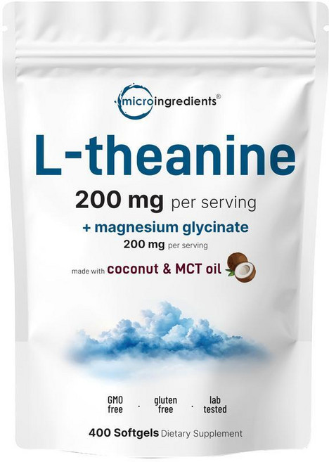 Micro Ingredients L-테아닌 200mg 마그네슘 글리시네이트 코코넛 MCT 오일 소프트젤 400개 | 천연 아미노산 및 미네랄 복합체 근육 이완 집중력 지원, Micro Ingredients L-테아닌 200mg,, 1개
