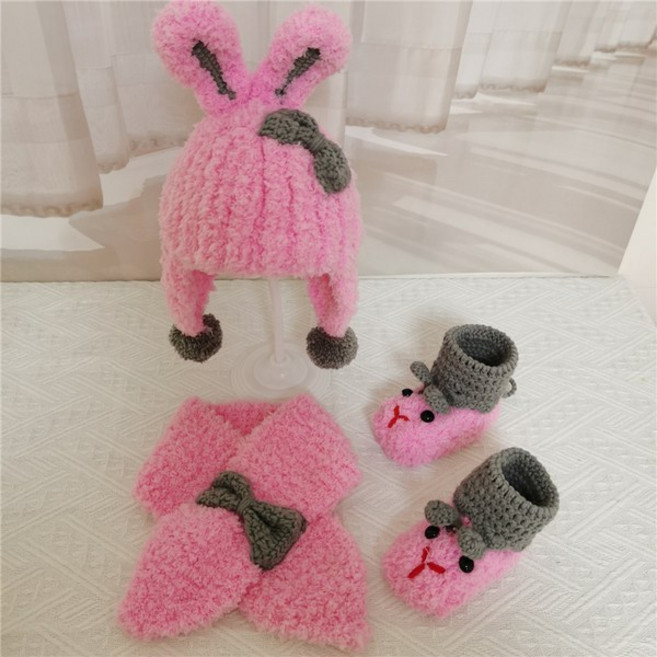 2023 토끼 아기 신발 뜨기 모자 보넷 코바늘 만들기, 핑크 3종 세트, 1개