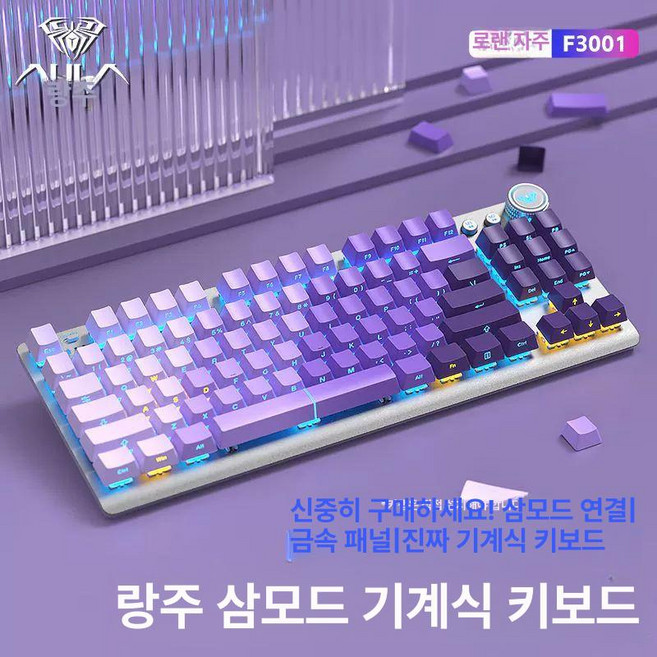클라우드썬 독거미경해축 블루투스 기계식키보드 F87 유무선 게이밍 아우라 F3001, 청축, 유광 퍼플 측각 - 3모드, 청축