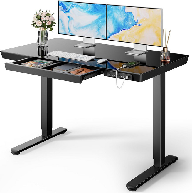 서랍이 있는 Marsail 유리 스탠딩 데스크 48 x 24 인치 전기 높이 조절 가능한 책상 일체형 테이블탑 및 USB 충전 포트 가정용 사무실용 수납 공간이 스탠드 블랙, Pure White, 47.24x23.62 Inch, Glass