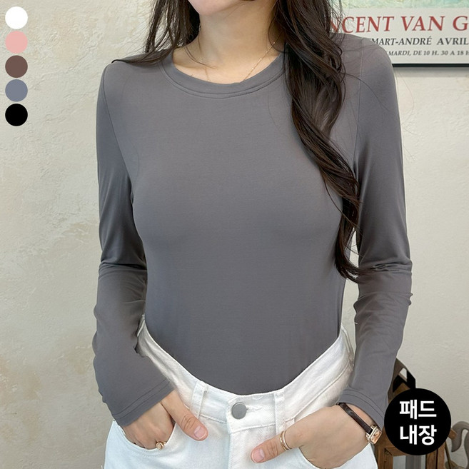 [패드내장]블레스유 여성 노브라 내장패드 긴팔티 가을 겨울 이너티 사방스판 편안한 데일리룩 5color
