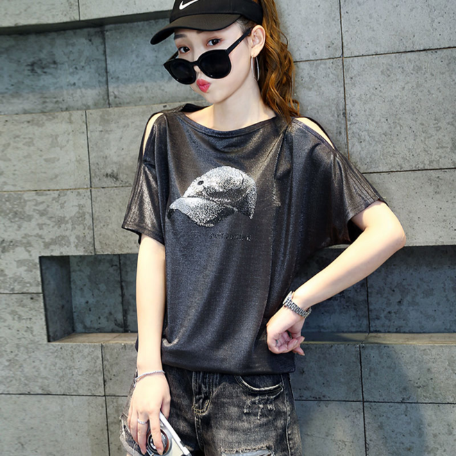 별후이 여성용 여름 오버사이즈 라운드 오프숄더 반팔 티셔츠0d7g07LL