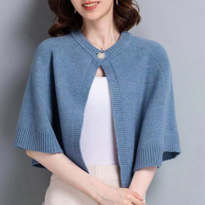 HANLIN 쇼트 니트 카디건 가오리핏 케이프 코트 여성 가을겨울 스웨터 가디건 레이어드 니트망토 09DF12HR