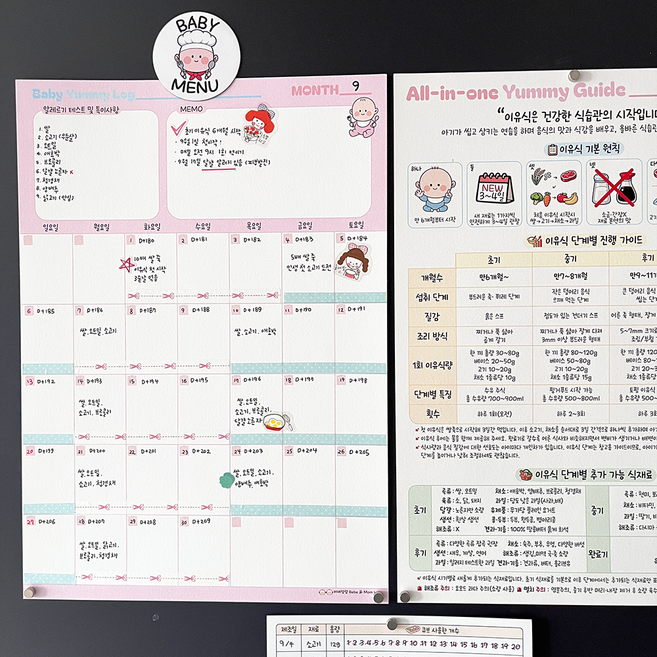 베베맘랩 아기 이유식 달력 일지 1년치(12장) 올인원가이드(1장) 큐브체크리스트(5장), 1개, 파스텔핑크