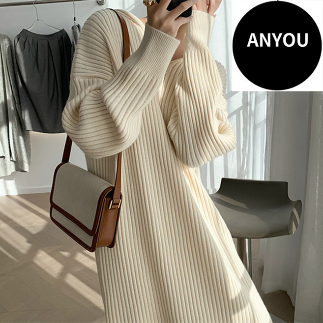 ANYOU 여성 니트 원피스 하프 루즈핏 후드 니트 원피스