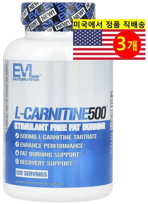 EVLution Nutrition 에블루션 뉴트리션 L- 카르니틴 L-CARNITINE 500mg, 120정, 3개 - 쿠팡