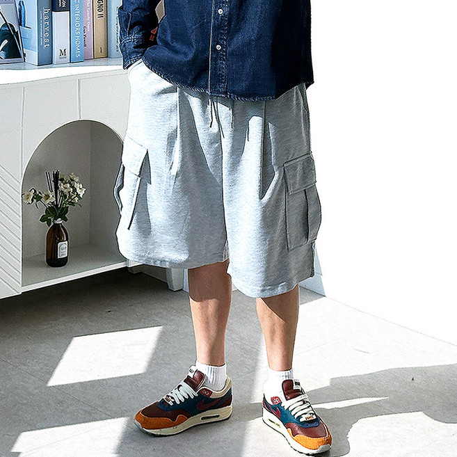 핏콕 남성용 버뮤다 팬츠 카고 와이드 6부 스웻팬츠 밴딩 트레이닝 반바지