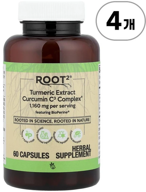 비타코스트 루트2 터메릭 추출물 커큐민 C3 컴플렉스 Vitacost Root2® Turmeric Extract Curcumin C3 60정, 4개 - 쿠팡