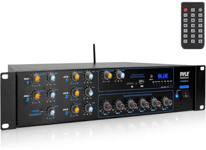 Pyle 무선 블루투스 전력 증폭기 시스템 4200W 6CH 파워 랙 마운트 휴대용 멀티 존 오디오 홈 스테레오 수신기 박스RCA USB AUX 스피커용 PA 극장용 PT600