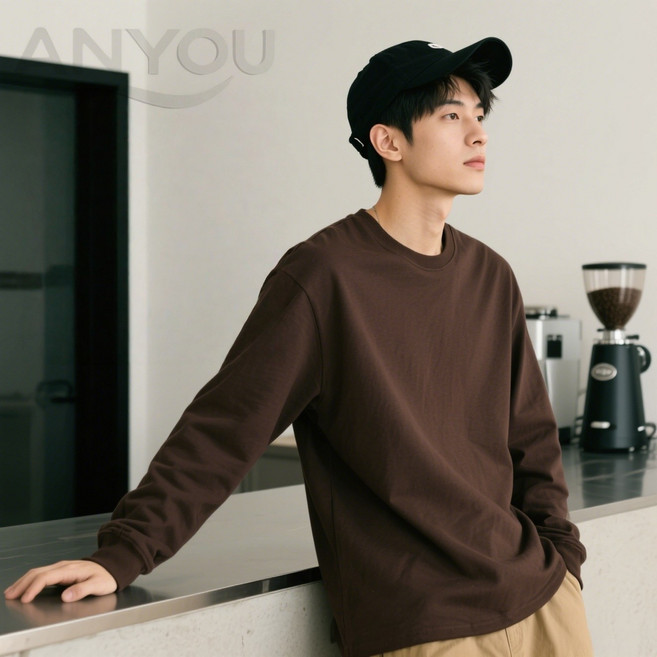 봄가을 긴팔 남성 티셔츠 라운드 네크라인 루즈한 단색 티셔츠 남성