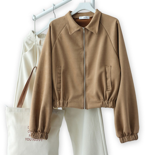 메리앤유 스웨이드 터치 크롭 숏 기장 카라 집업 밴딩 점퍼 간절기 아우터