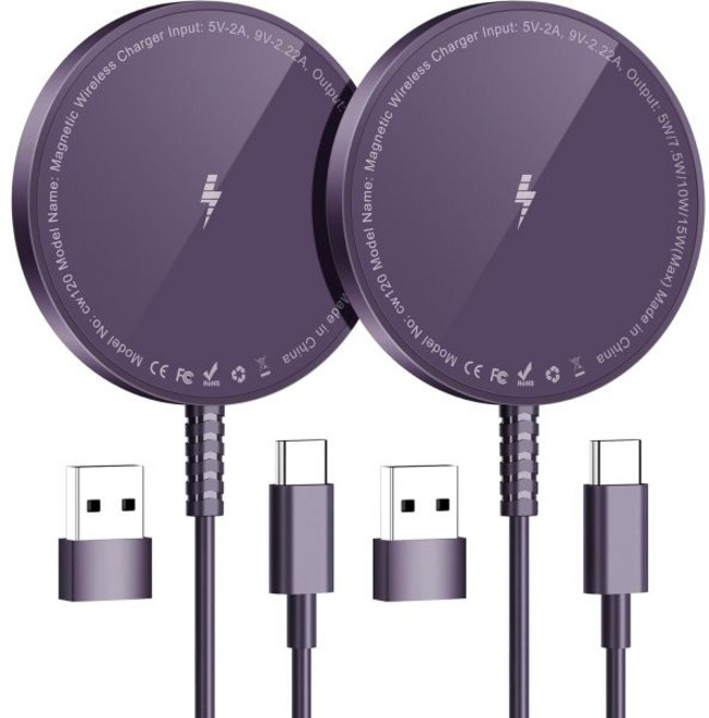 MagSafe 충전기용 아이폰 호환 17 16 15 14 13 12 시리즈 및 에어팟 4-2 프로용 마그네틱 무선 충전 패드 강력 자석 알루미늄 합금 USB-CA 포트 초박형, Purple, 1개