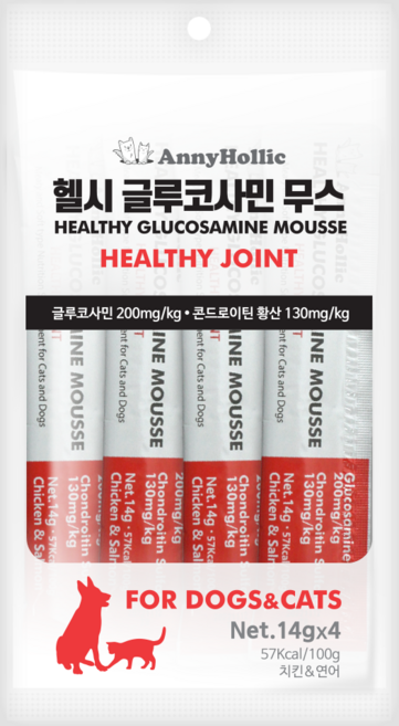 애니홀릭 헬시 글루코사민 무스 건강보조제 치킨&연어 14g x 4ea, 관절, 4개