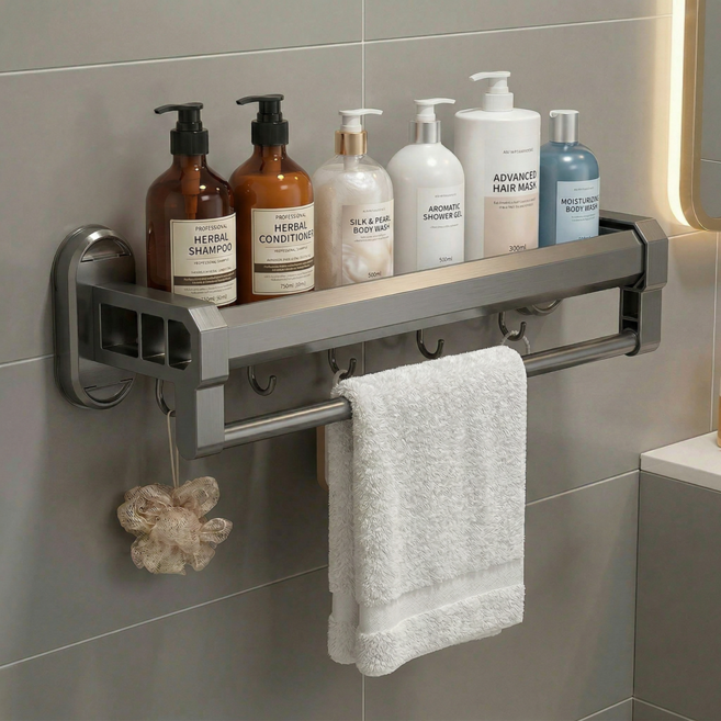 유니크릿 흔적없이 이중 흡착 무타공 욕실 선반, 다크그레이, 1개