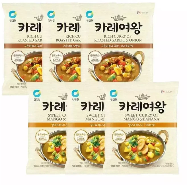 청정원 카레여왕 분말 마늘양파 108g 3개 + 망고바나나 108g 3개, 청정원 카레여왕 (분말) 마늘양파, 108g, 3개 +, 1개