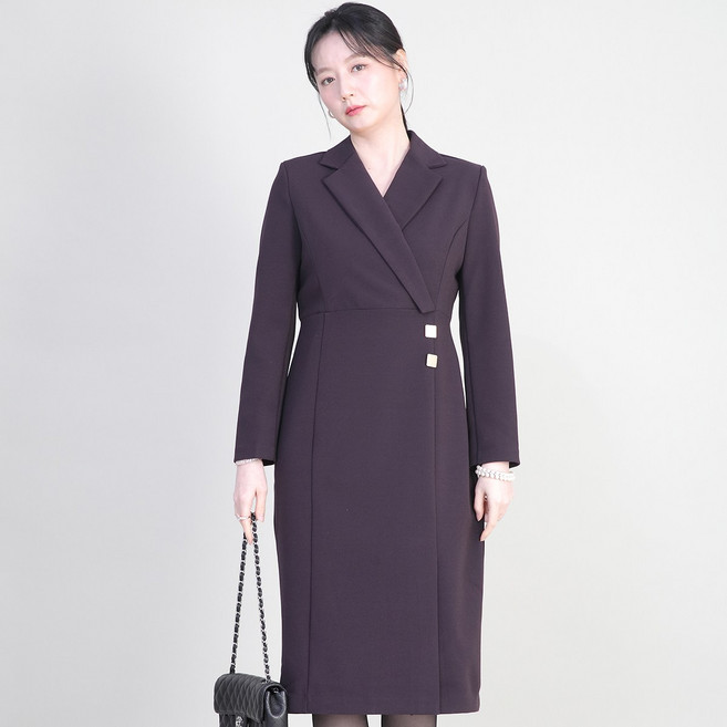 애비뉴투지 엄마옷 테일러 카라 브이 금장 골드 버튼 H라인 봄 가을 겨울 정장 하객룩 긴팔 원피스 K01619