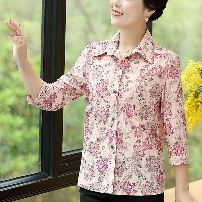 꽃소담 할머니 봄 여름 9부 소매 꽃무늬 카라 티셔츠 꽃티셔츠 할머니옷 냉감소재 MAL26A674