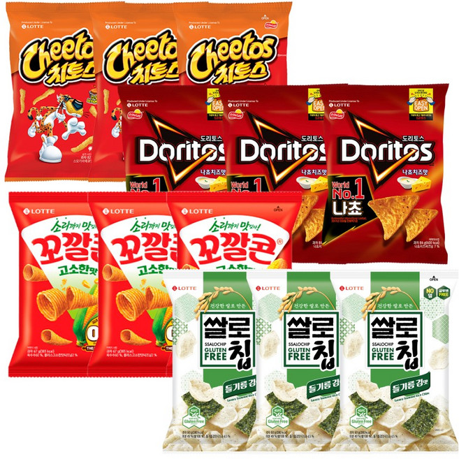 쌀로칩 들기름 김맛+꼬깔콘 고소한맛+치토스 스모키바베큐+도리토스 치즈 혼합구성, 3세트, 283g