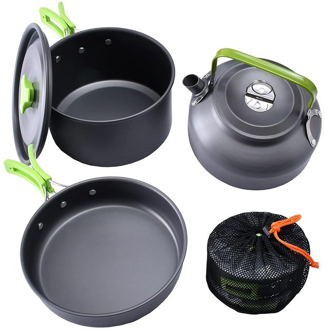 일본 직배송 ZELDNER 쿠커 세트 알루미늄 솔로 냄비 프라이팬 주전자 3종 보관 가방 포함 가볍고 컴팩트한 캠핑 바비큐 조리기구 재난 대비 용품 12인용, 2)녹색