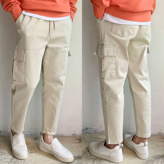 라운지21 남자 면 워싱 9부 스판 밴딩 와이드 카고 팬츠 빅사이즈