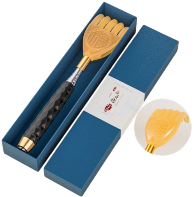 伸縮不求人背部搔癢耙子 老頭樂便攜搔癢工具 臻品牛角爪禮盒裝, 1個, 豪華禮盒裝+防滑, 黑色