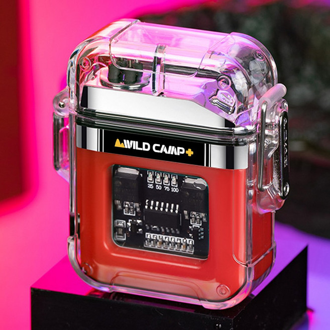 와일드캠프 미니 플라즈마 라이터 투명 아크 전기 라이터 LED 캠핑 랜턴 겸용 C타입 USB 충전식 미니 방수 스파크 라이타 조명, 1개, 레드