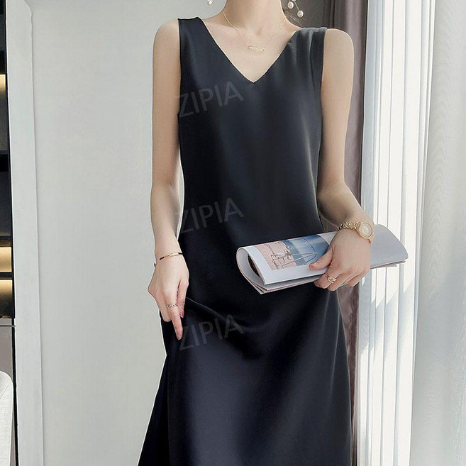 ZIPIA 실크나시원피스 새틴 롱 원피스 민소매 슬립 드레스 끈나시
